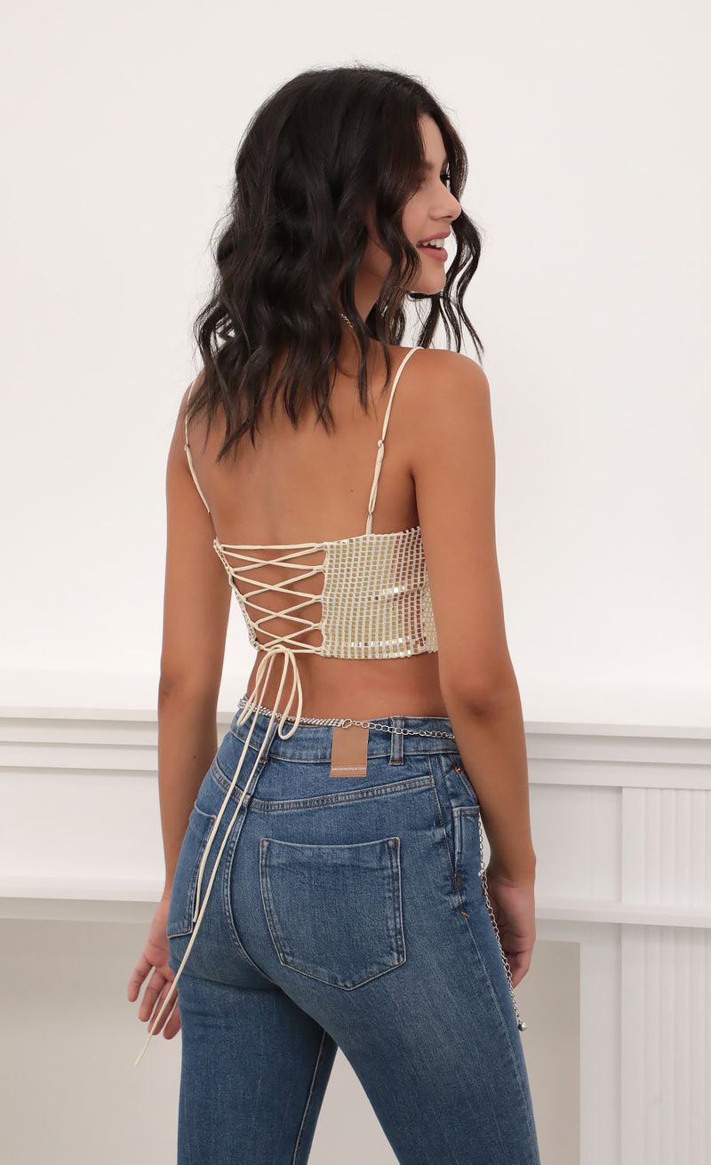 Picture Kyra Mirror Sequin Strappy Crop Top. Source: https://media.lucyinthesky.com/data/Jun20_1/800xAUTO/781A1677.JPG