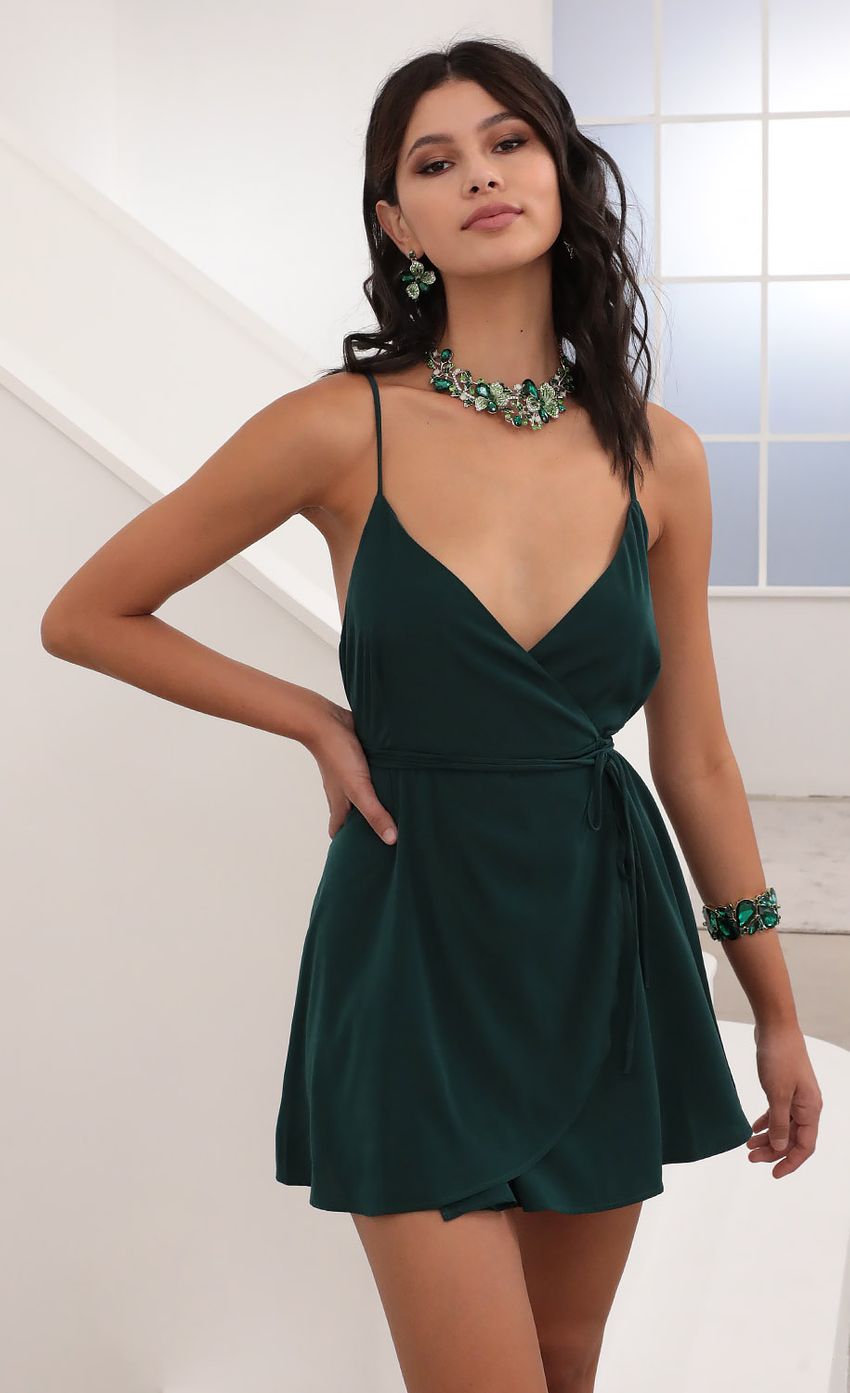 Picture Charlotte A-Line satin Dress in Hunter Green. Source: https://media.lucyinthesky.com/data/Jun20_1/850xAUTO/781A9389.JPG