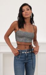 Picture Kyra Mirror Sequin Strappy Crop Top in Black. Source: https://media.lucyinthesky.com/data/Jun20_2/150xAUTO/781A0522.JPG