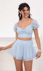 Picture Genevieve Puff Sleeve Chiffon Set in Blue Dots. Source: https://media.lucyinthesky.com/data/Jun20_2/150xAUTO/781A6022.JPG