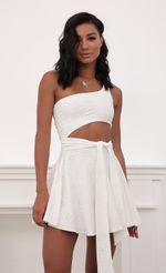 Picture Amara Eyelet Shoulder A-line Dress in White. Source: https://media.lucyinthesky.com/data/Jun20_2/150xAUTO/781A9057.JPG