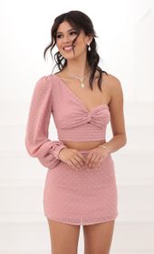 Picture thumb Jasmine One Shoulder Puff Sleeve Set in Mauve Dots. Source: https://media.lucyinthesky.com/data/Jun20_2/170xAUTO/781A1481.JPG