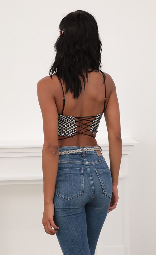 Picture Kyra Mirror Sequin Strappy Crop Top in Black. Source: https://media.lucyinthesky.com/data/Jun20_2/500xAUTO/781A06291.JPG