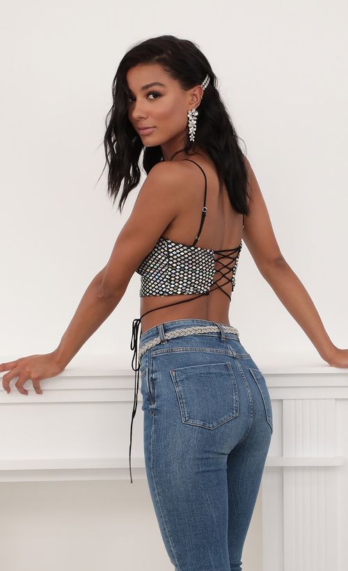 Picture Kyra Mirror Sequin Strappy Crop Top in Black. Source: https://media.lucyinthesky.com/data/Jun20_2/500xAUTO/781A0636.JPG
