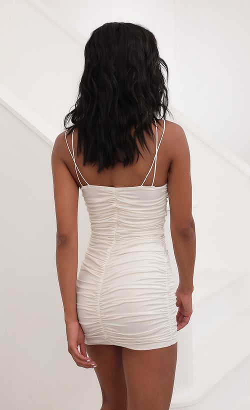 Picture Breakaway Sparkling Ruched Bodycon in White. Source: https://media.lucyinthesky.com/data/Jun20_2/500xAUTO/781A1003.JPG