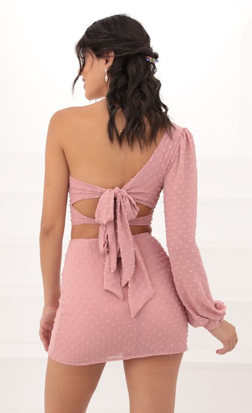 Picture Jasmine One Shoulder Puff Sleeve Set in Mauve Dots. Source: https://media.lucyinthesky.com/data/Jun20_2/500xAUTO/781A1547.JPG