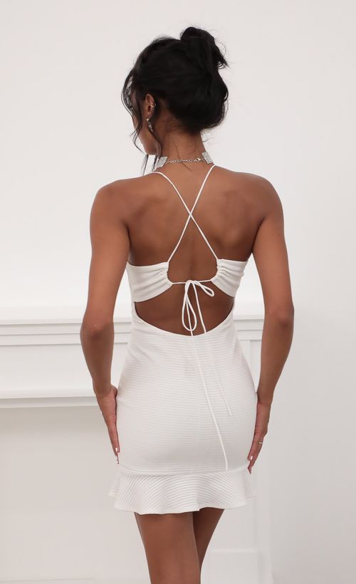 Picture Zelie Deep V Frill dress in White ribs. Source: https://media.lucyinthesky.com/data/Jun20_2/500xAUTO/781A4386.JPG