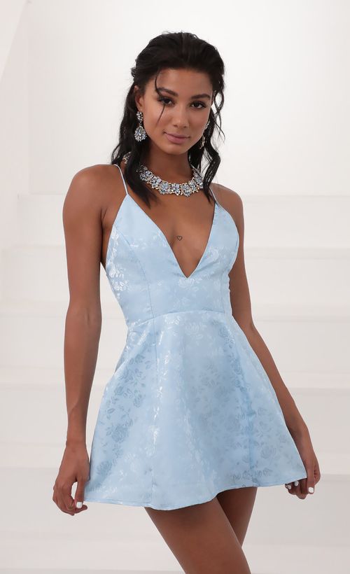 Picture Olivia Floral Jacquard Mini Dress In Sky Blue. Source: https://media.lucyinthesky.com/data/Jun20_2/500xAUTO/781A4987.JPG