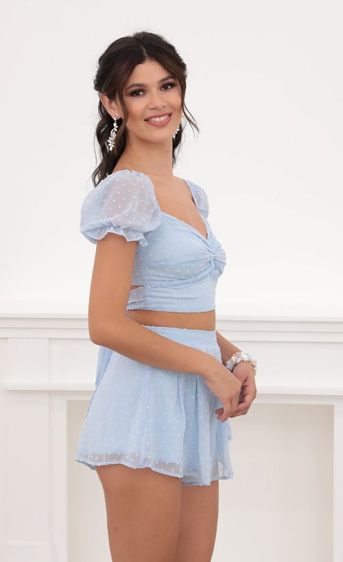 Picture Genevieve Puff Sleeve Chiffon Set in Blue Dots. Source: https://media.lucyinthesky.com/data/Jun20_2/500xAUTO/781A6043.JPG