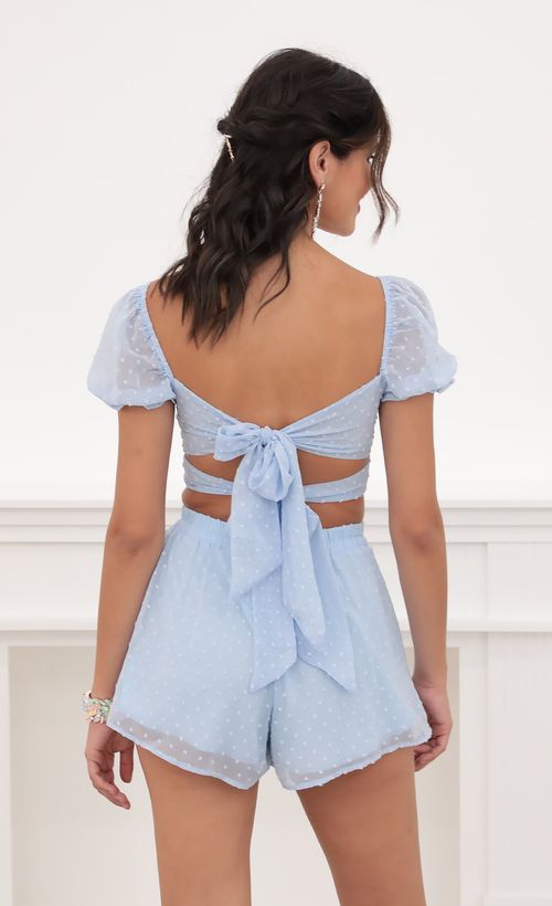 Picture Genevieve Puff Sleeve Chiffon Set in Blue Dots. Source: https://media.lucyinthesky.com/data/Jun20_2/500xAUTO/781A6069.JPG