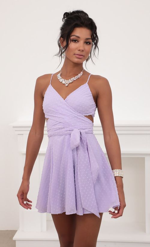 Picture Jillian Chiffon Wrap Dress in Lavender Dots. Source: https://media.lucyinthesky.com/data/Jun20_2/500xAUTO/781A6785.JPG