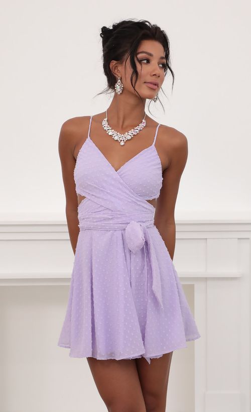 Picture Jillian Chiffon Wrap Dress in Lavender Dots. Source: https://media.lucyinthesky.com/data/Jun20_2/500xAUTO/781A6827.JPG