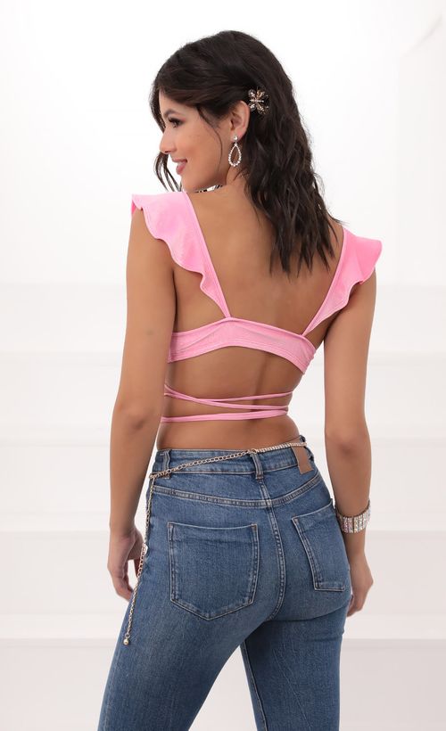 Picture Madison Ruffle Crop Top in Pink Velvet. Source: https://media.lucyinthesky.com/data/Jun20_2/500xAUTO/781A9500.JPG