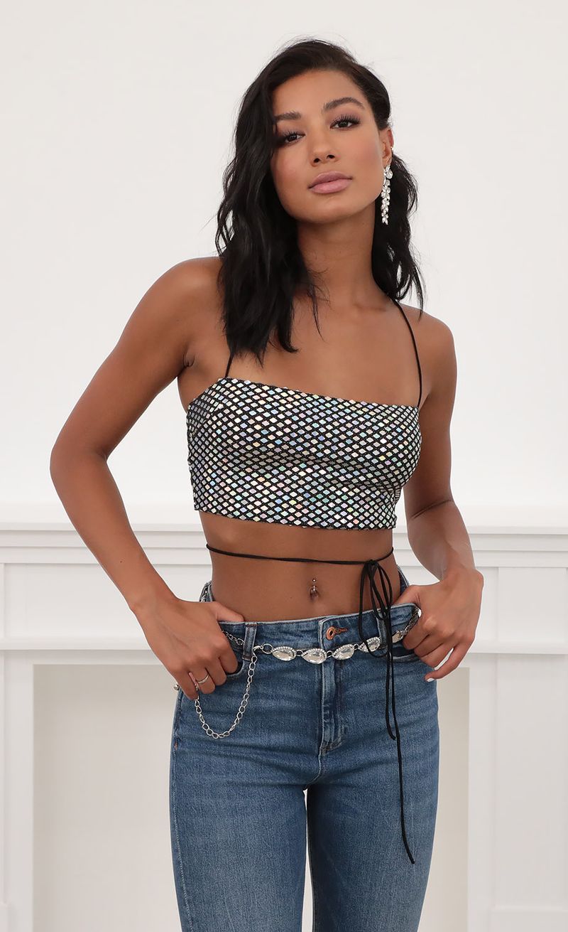 Picture Kyra Mirror Sequin Strappy Crop Top in Black. Source: https://media.lucyinthesky.com/data/Jun20_2/800xAUTO/781A0522.JPG
