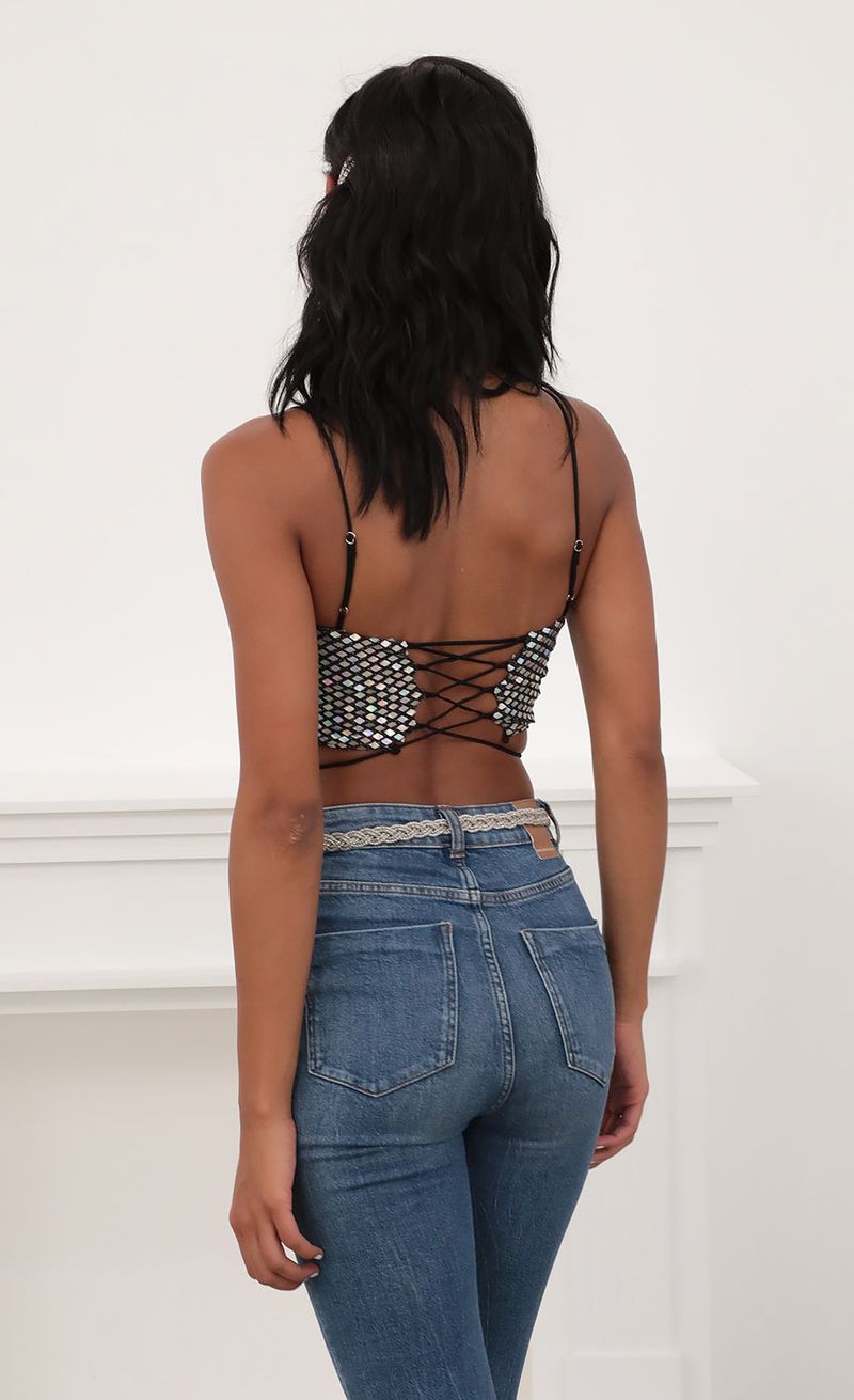 Picture Kyra Mirror Sequin Strappy Crop Top in Black. Source: https://media.lucyinthesky.com/data/Jun20_2/800xAUTO/781A06291.JPG