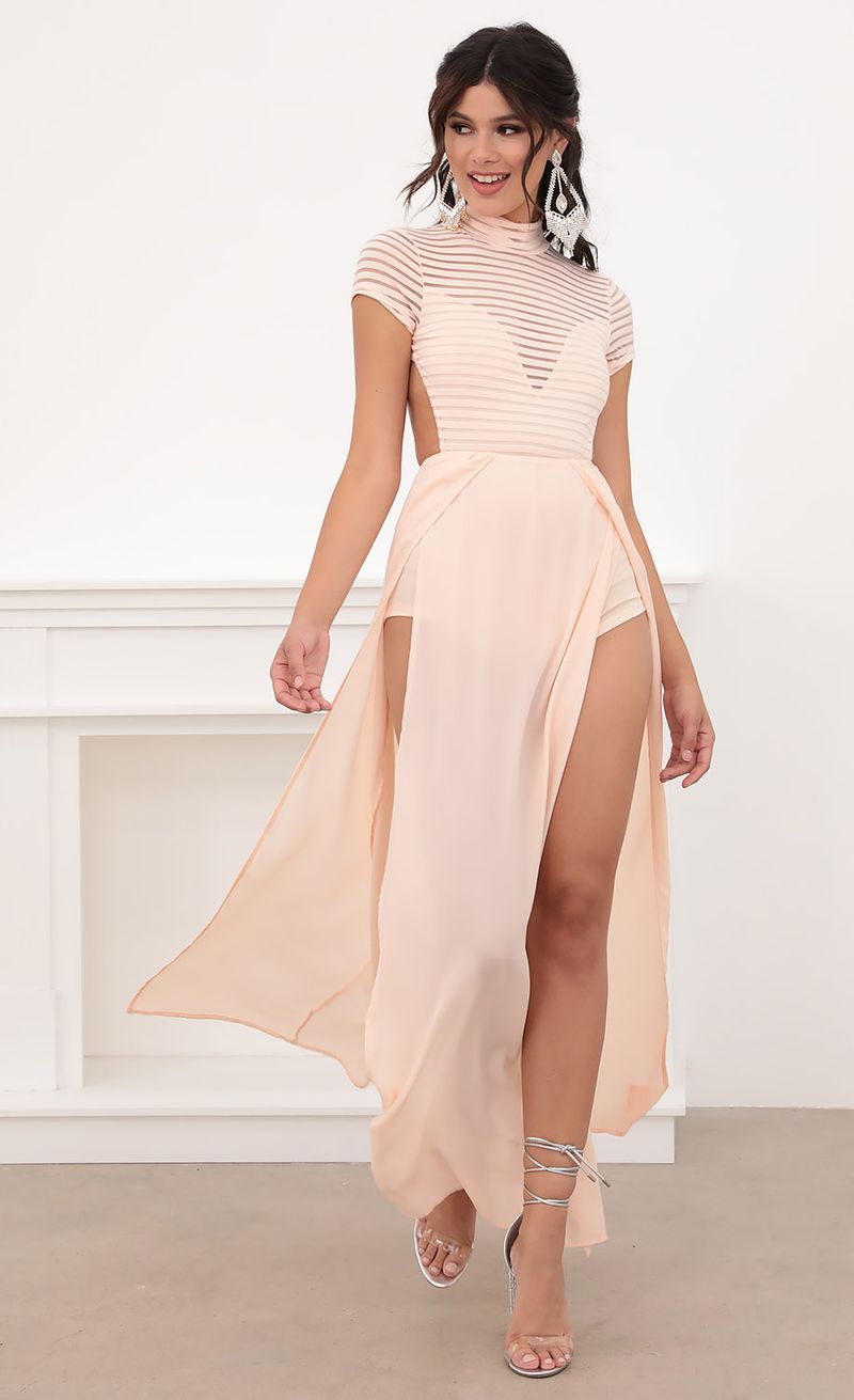 Picture Couture Strip Mesh Maxi in Blush. Source: https://media.lucyinthesky.com/data/Jun20_2/800xAUTO/781A3356.JPG