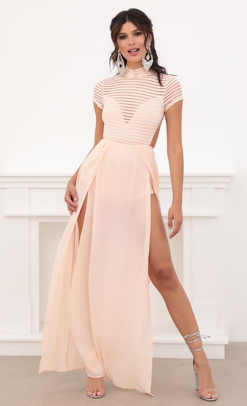 Picture Couture Strip Mesh Maxi in Blush. Source: https://media.lucyinthesky.com/data/Jun20_2/800xAUTO/781A3361.JPG