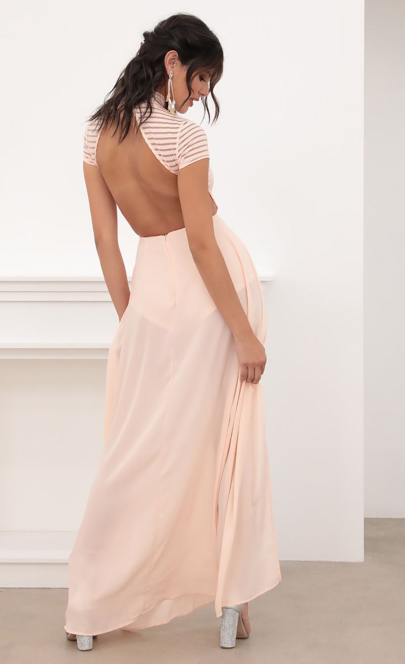 Picture Couture Strip Mesh Maxi in Blush. Source: https://media.lucyinthesky.com/data/Jun20_2/800xAUTO/781A3496.JPG