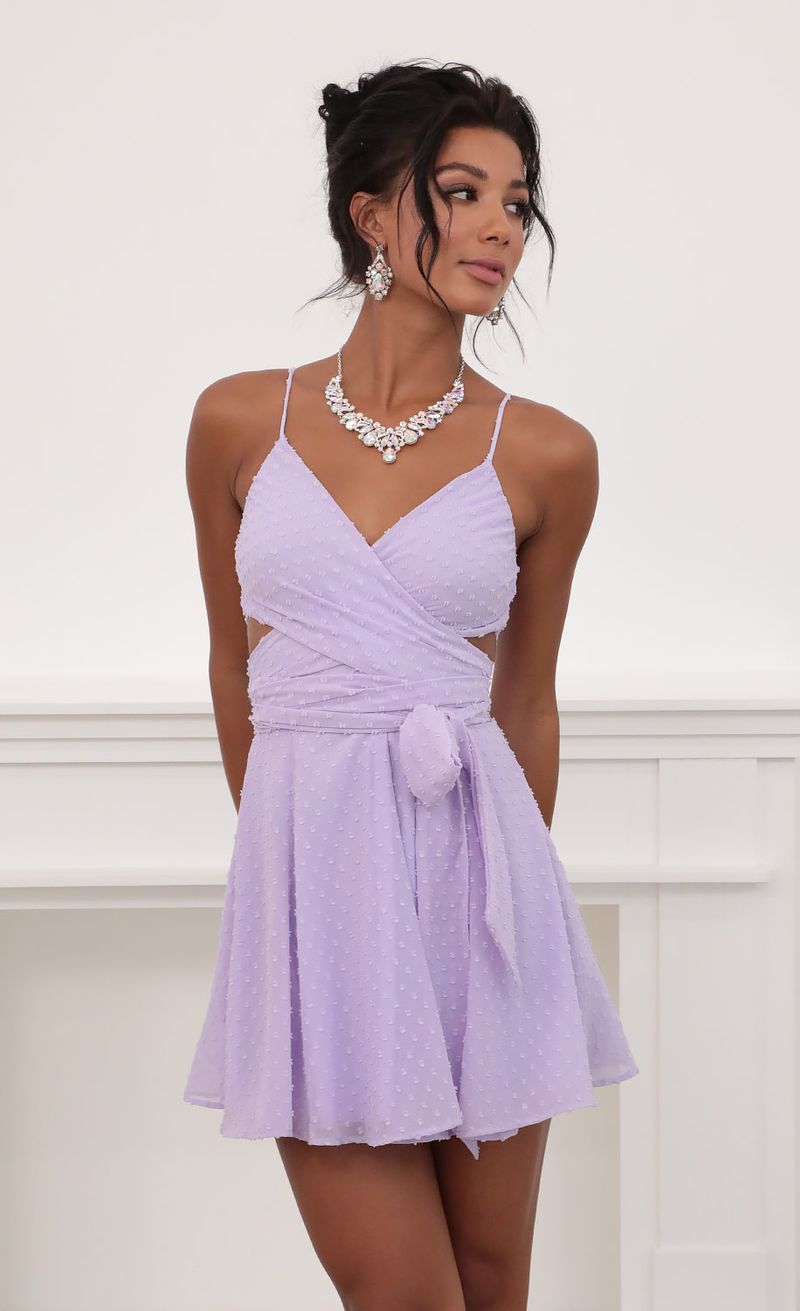 Jillian Chiffon Wrap Dress in Lavender Dots | Lucy in the Sky