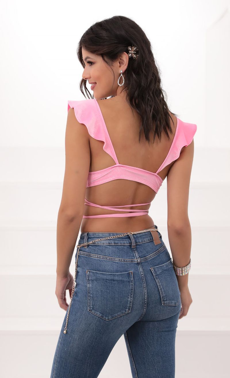 Picture Madison Ruffle Crop Top in Pink Velvet. Source: https://media.lucyinthesky.com/data/Jun20_2/800xAUTO/781A9500.JPG