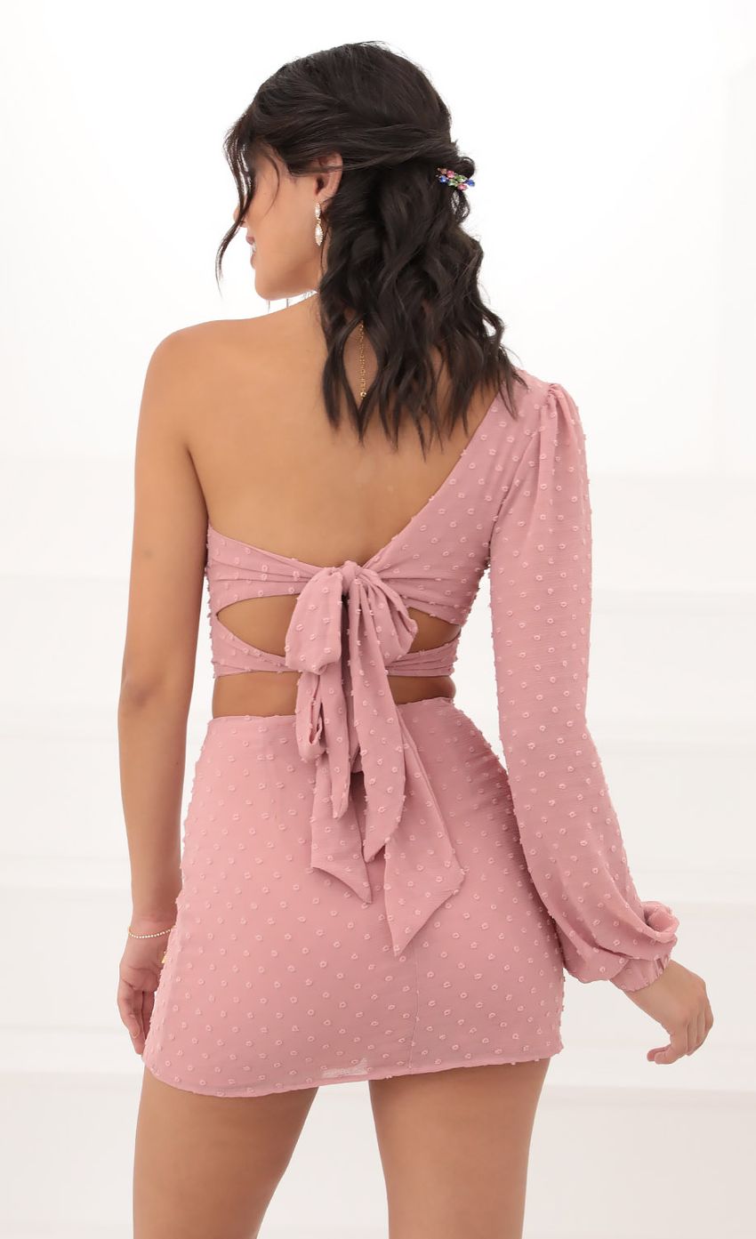 Picture Jasmine One Shoulder Puff Sleeve Set in Mauve Dots. Source: https://media.lucyinthesky.com/data/Jun20_2/850xAUTO/781A1547.JPG