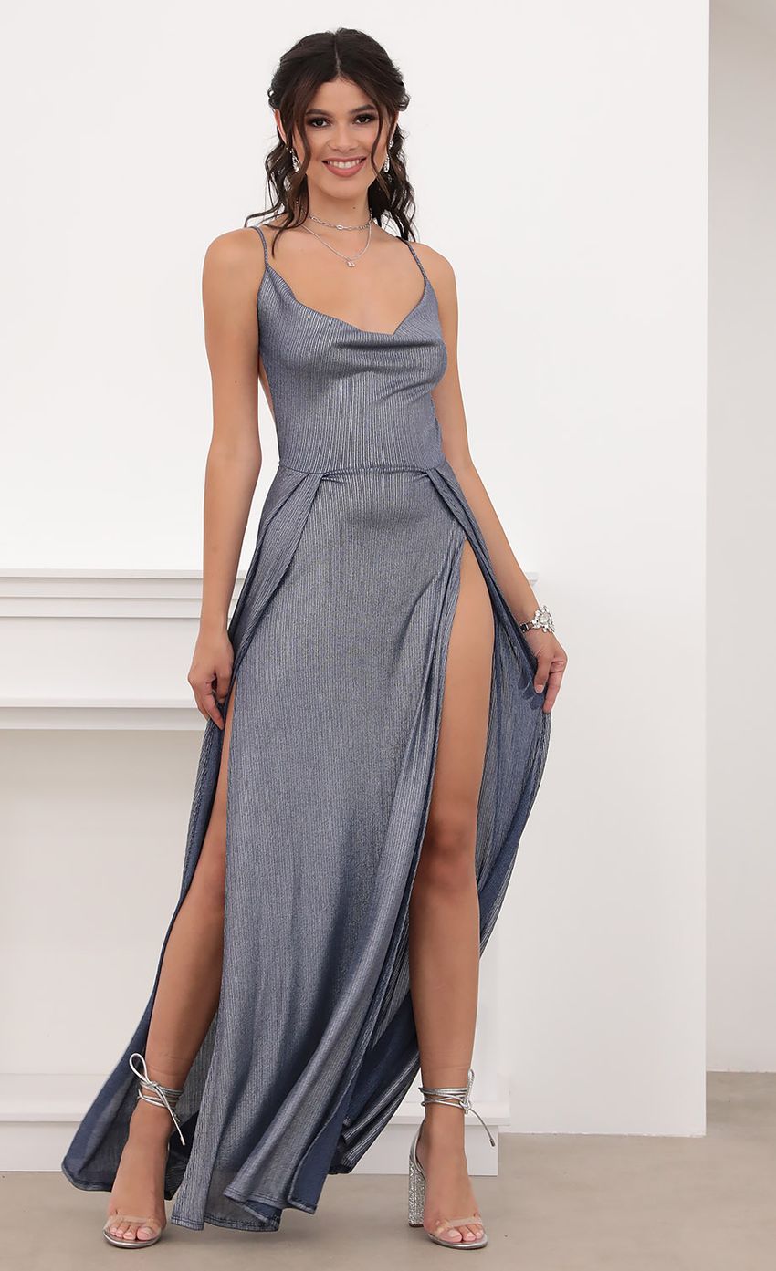 Picture Dion Metallic Maxi Dress in Navy. Source: https://media.lucyinthesky.com/data/Jun20_2/850xAUTO/781A3777.JPG