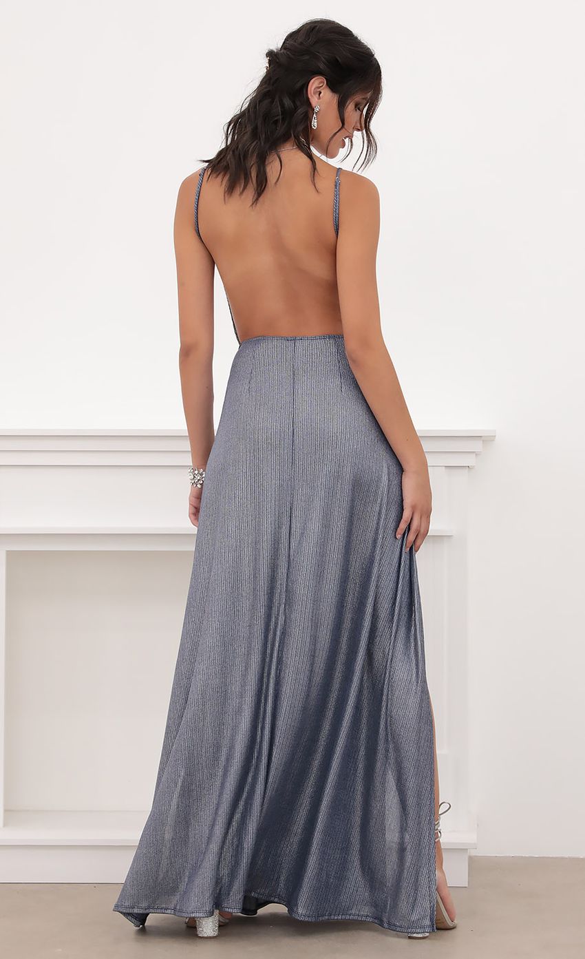 Picture Dion Metallic Maxi Dress in Navy. Source: https://media.lucyinthesky.com/data/Jun20_2/850xAUTO/781A3902.JPG