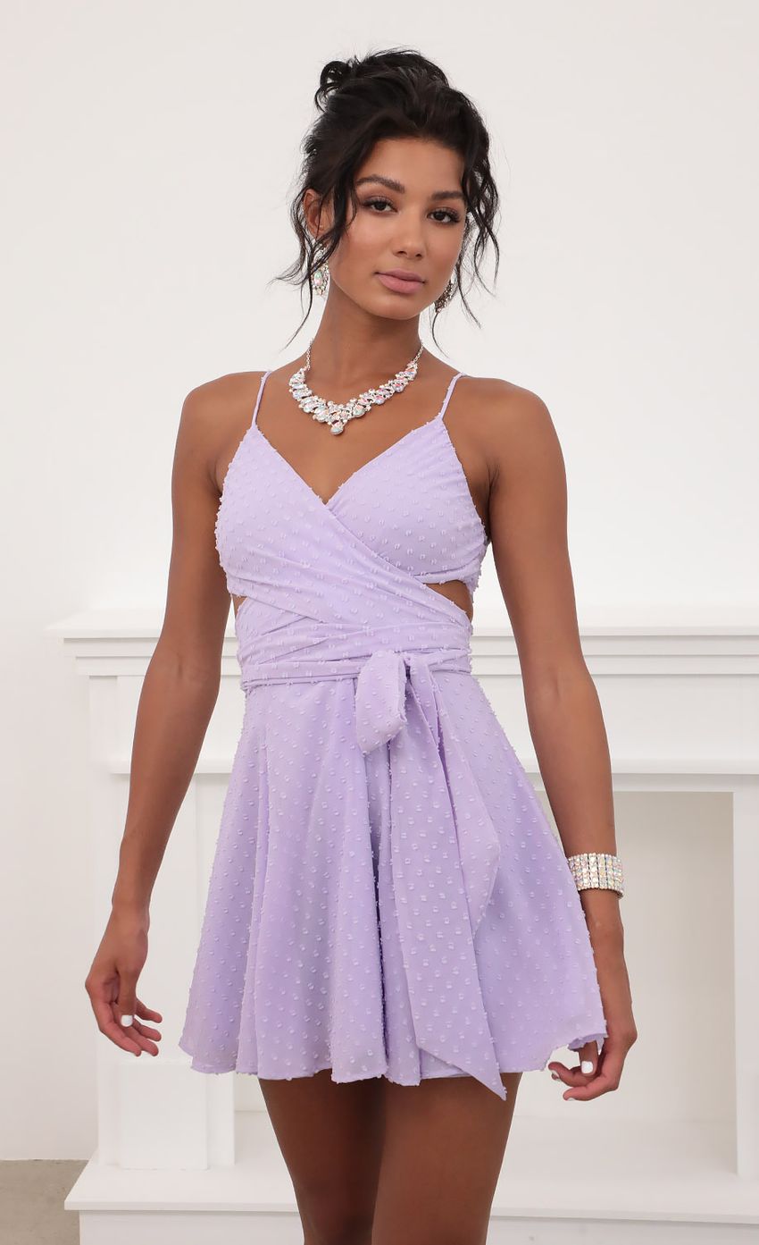 Picture Jillian Chiffon Wrap Dress in Lavender Dots. Source: https://media.lucyinthesky.com/data/Jun20_2/850xAUTO/781A6785.JPG