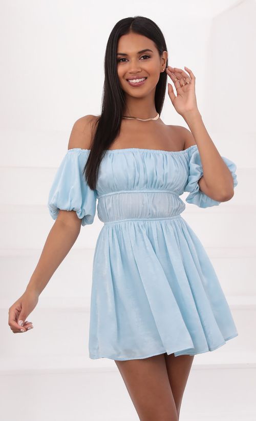 Picture Dorothy Off The Shoulder Dress in Light Blue. Source: https://media.lucyinthesky.com/data/Jun21_1/500xAUTO/1V9A1667.JPG
