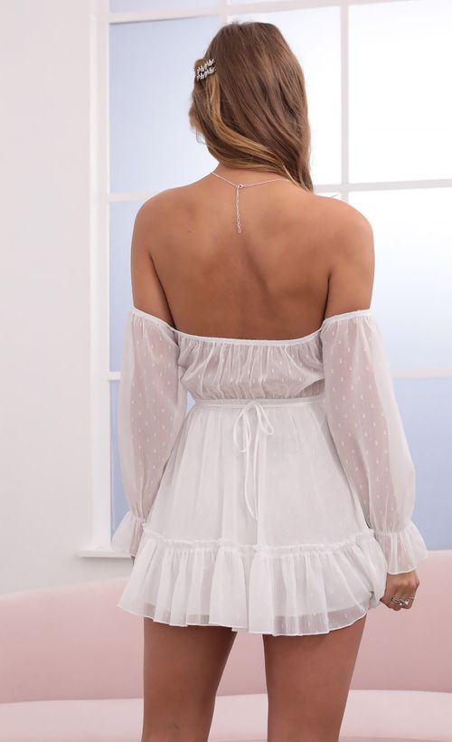 Picture Serena Cutout Off The Shoulder Dress in White. Source: https://media.lucyinthesky.com/data/Jun21_1/500xAUTO/1V9A21501.JPG