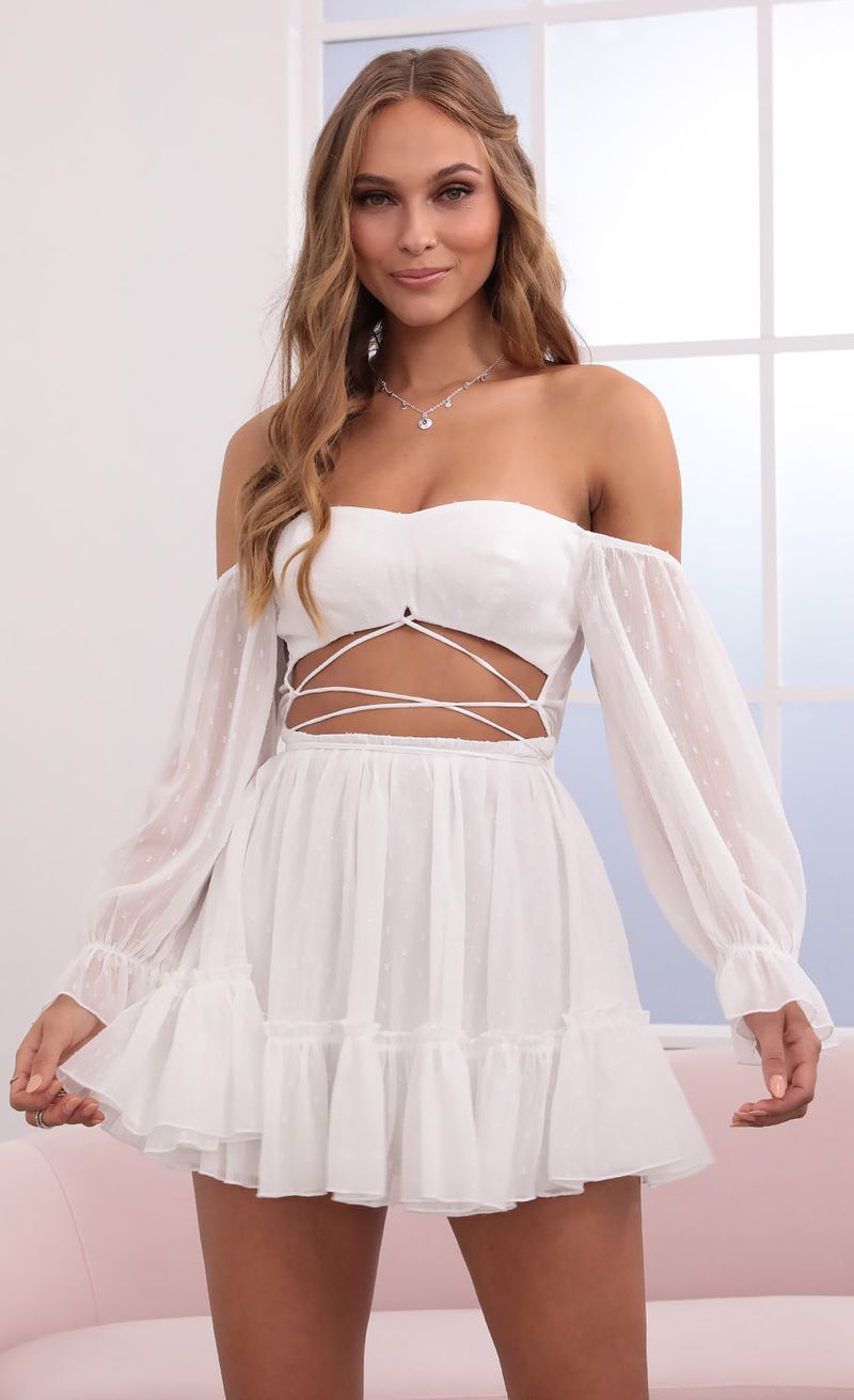 Picture Serena Cutout Off The Shoulder Dress in White. Source: https://media.lucyinthesky.com/data/Jun21_1/800xAUTO/1V9A2110.JPG