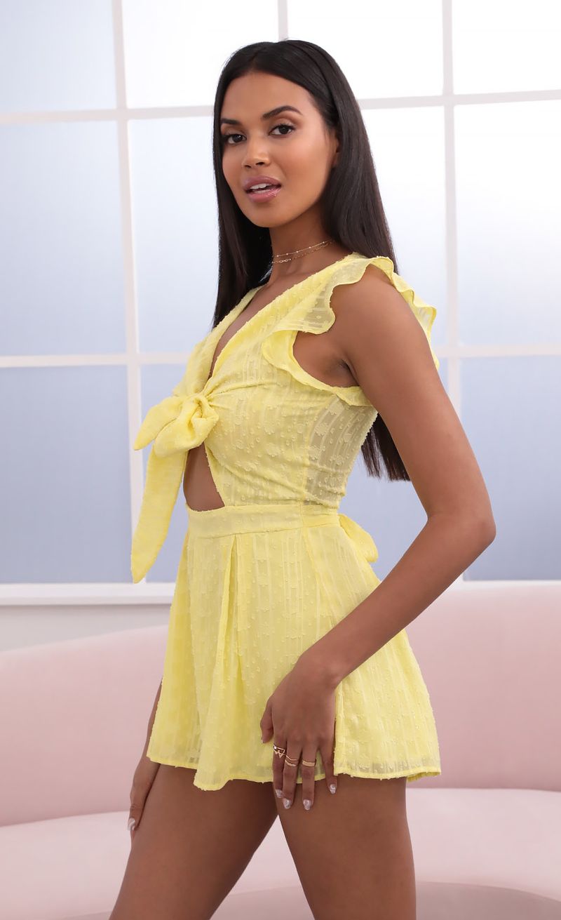 Picture Blair Front Tie Romper in Yellow Fil Coupe. Source: https://media.lucyinthesky.com/data/Jun21_1/800xAUTO/1V9A3001.JPG