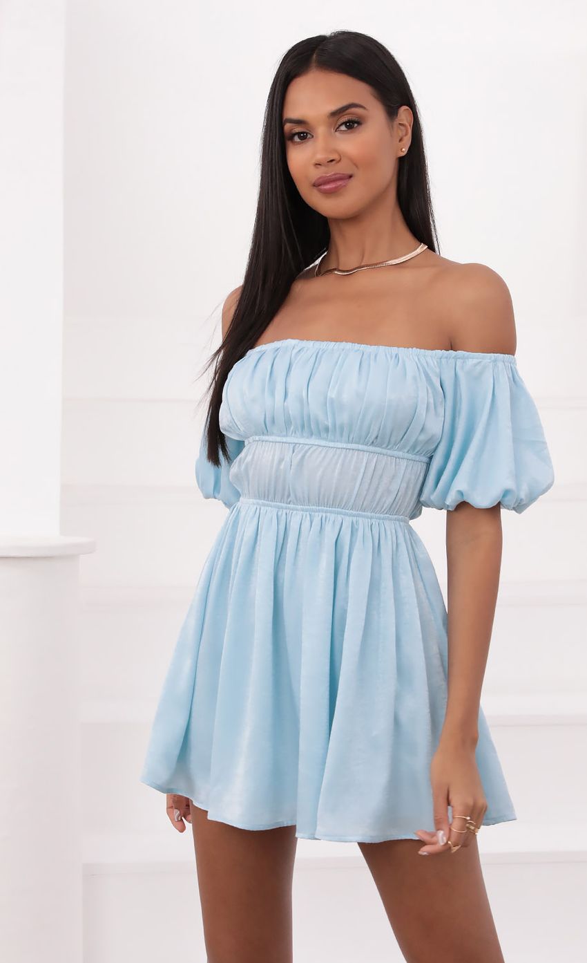 Picture Dorothy Off The Shoulder Dress in Light Blue. Source: https://media.lucyinthesky.com/data/Jun21_1/850xAUTO/1V9A1654.JPG