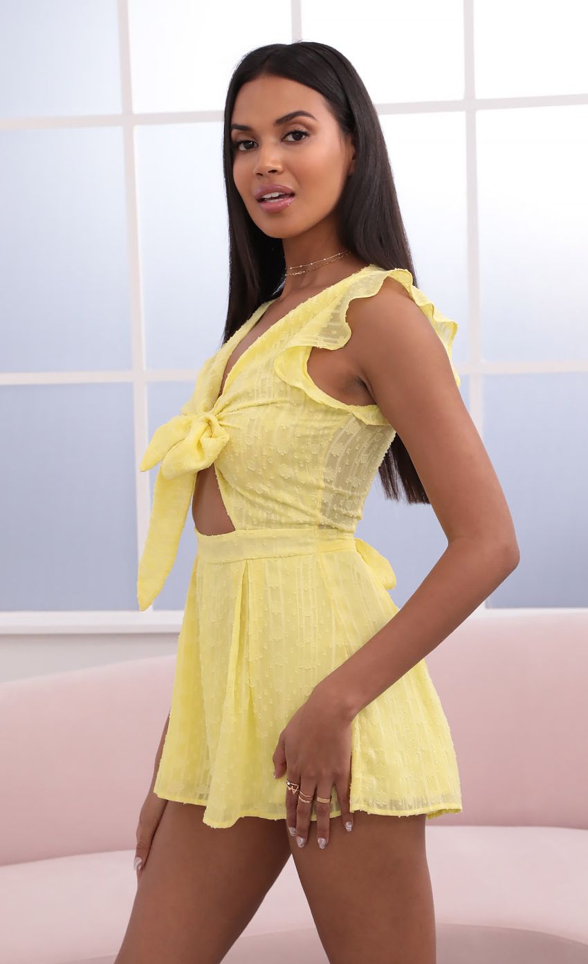 Picture Blair Front Tie Romper in Yellow Fil Coupe. Source: https://media.lucyinthesky.com/data/Jun21_1/850xAUTO/1V9A3001.JPG