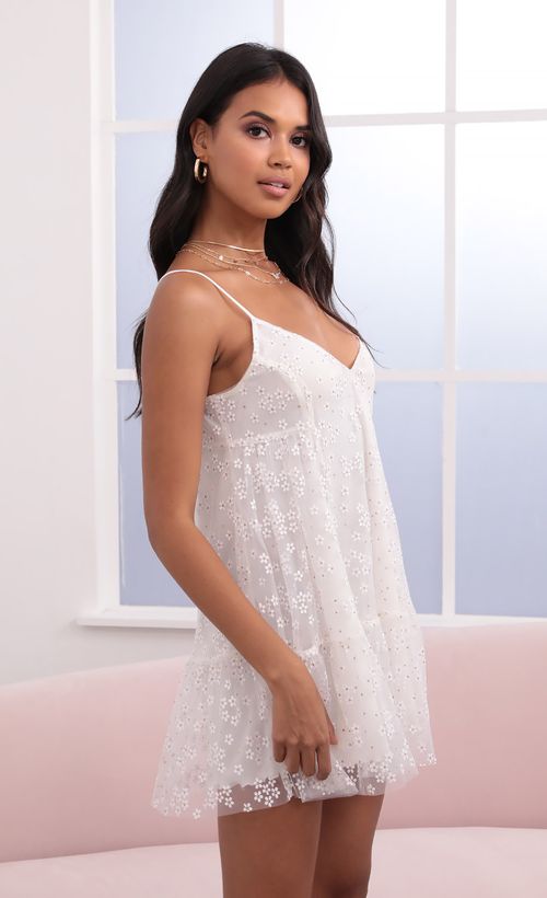 Picture Myla Daisy Mini Frock Dress in White. Source: https://media.lucyinthesky.com/data/Jun21_2/500xAUTO/1V9A0476.JPG