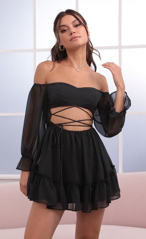 Picture Serena Cutout Off The Shoulder Dress in Black. Source: https://media.lucyinthesky.com/data/Jun21_2/500xAUTO/1V9A1062.JPG