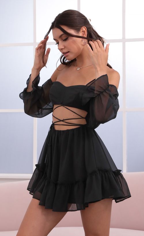 Picture Serena Cutout Off The Shoulder Dress in Black. Source: https://media.lucyinthesky.com/data/Jun21_2/500xAUTO/1V9A1082.JPG