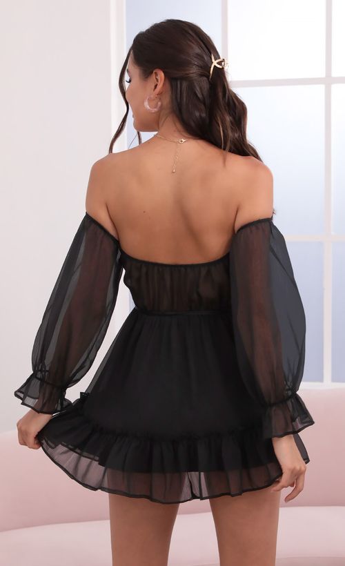 Picture Serena Cutout Off The Shoulder Dress in Black. Source: https://media.lucyinthesky.com/data/Jun21_2/500xAUTO/1V9A1118.JPG