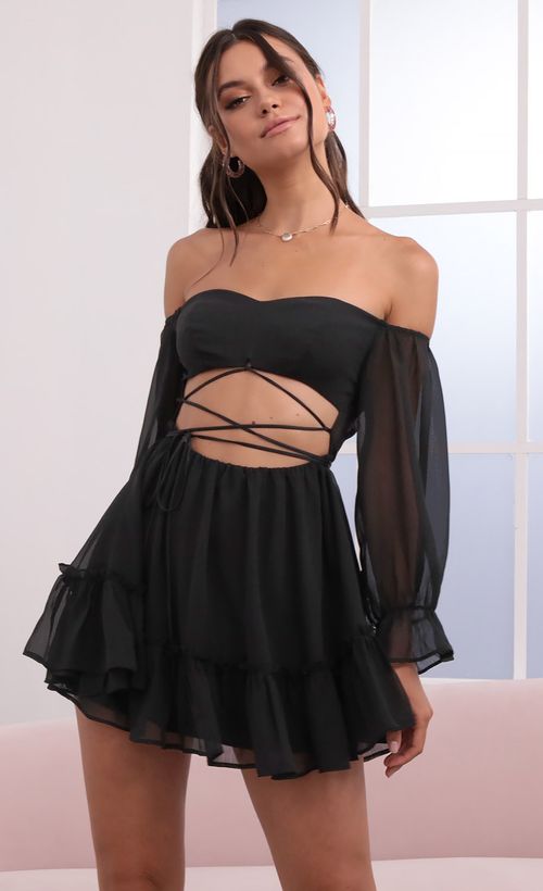 Picture Serena Cutout Off The Shoulder Dress in Black. Source: https://media.lucyinthesky.com/data/Jun21_2/500xAUTO/1V9A1144L.JPG