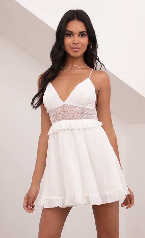 Picture Ember Chiffon Lace Up Dress in White. Source: https://media.lucyinthesky.com/data/Jun21_2/500xAUTO/1V9A3078.JPG