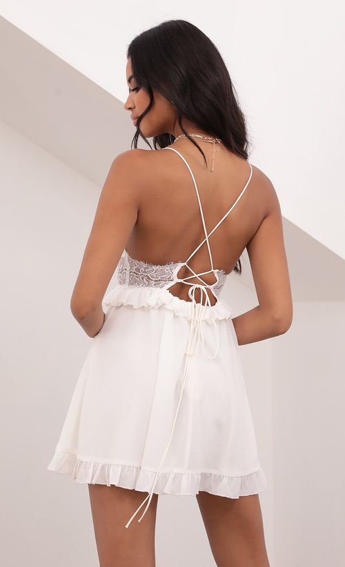 Picture Ember Chiffon Lace Up Dress in White. Source: https://media.lucyinthesky.com/data/Jun21_2/500xAUTO/1V9A3151.JPG