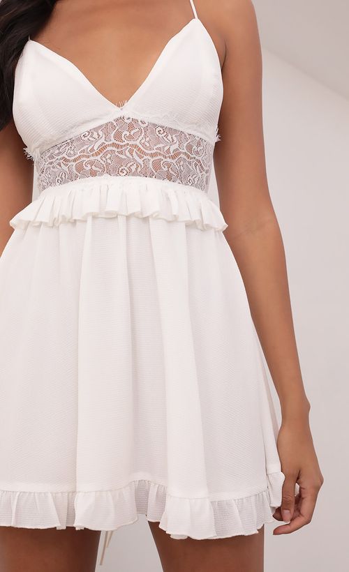 Picture Ember Chiffon Lace Up Dress in White. Source: https://media.lucyinthesky.com/data/Jun21_2/500xAUTO/1V9A3167.JPG