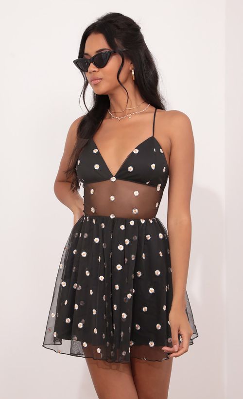 Picture Daisy Mesh A-Line Dress in Black. Source: https://media.lucyinthesky.com/data/Jun21_2/500xAUTO/1V9A3363.JPG