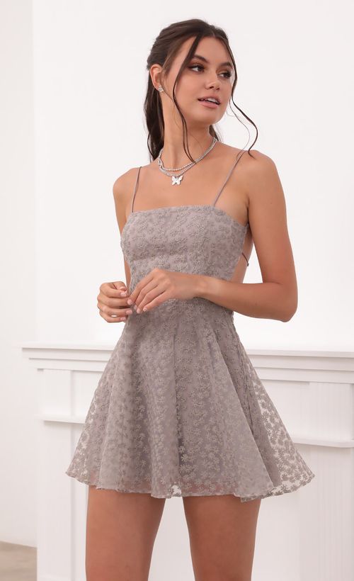 Picture Alaia Floral A-Line Dress in Grey. Source: https://media.lucyinthesky.com/data/Jun21_2/500xAUTO/1V9A4518.JPG