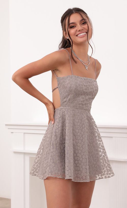 Picture Alaia Floral A-Line Dress in Grey. Source: https://media.lucyinthesky.com/data/Jun21_2/500xAUTO/1V9A4525.JPG