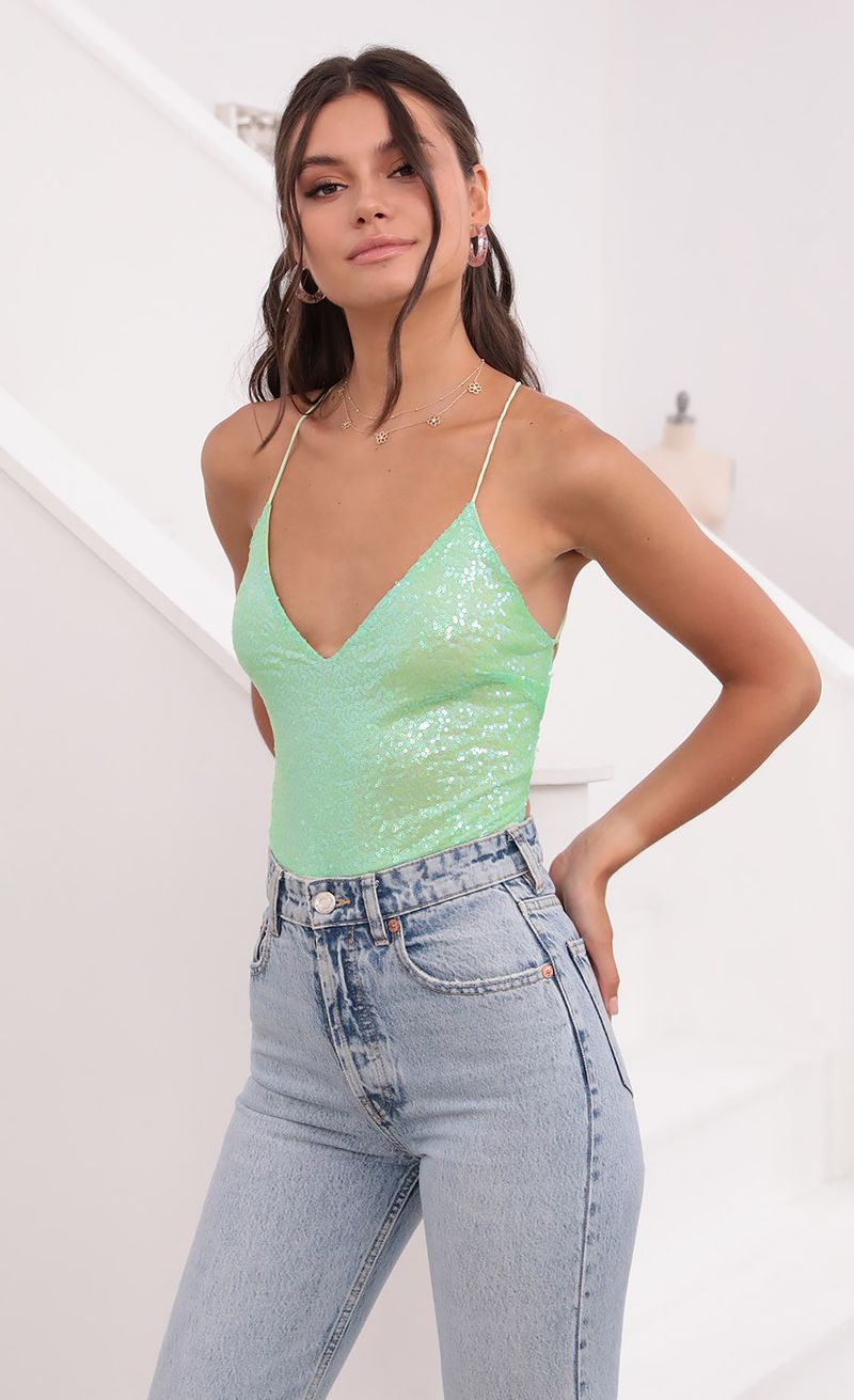 Picture Party Sequin Bodysuit in Lime Green. Source: https://media.lucyinthesky.com/data/Jun21_2/800xAUTO/1V9A0510.JPG