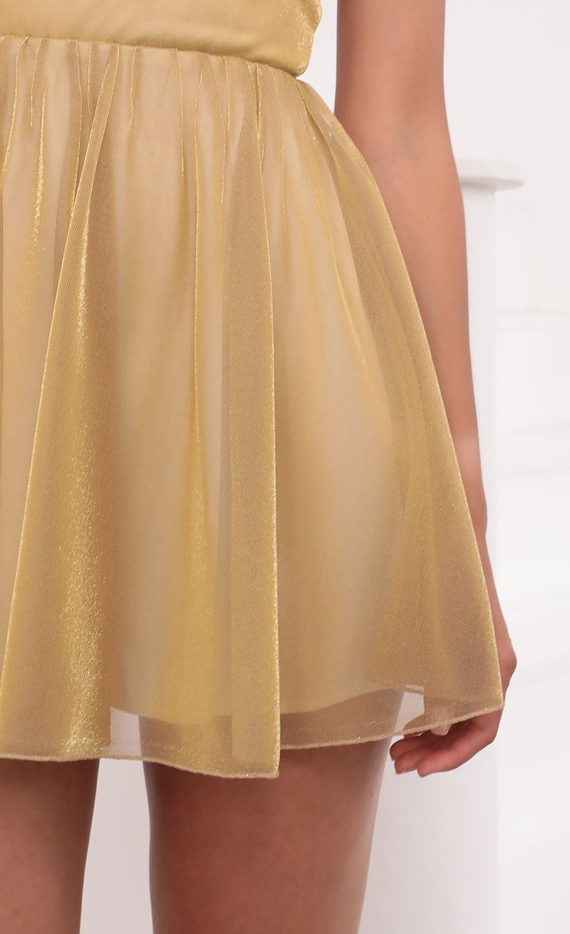 Picture Jacqueline Pleated Mesh Dress in Gold. Source: https://media.lucyinthesky.com/data/Jun21_2/800xAUTO/1V9A4159.JPG
