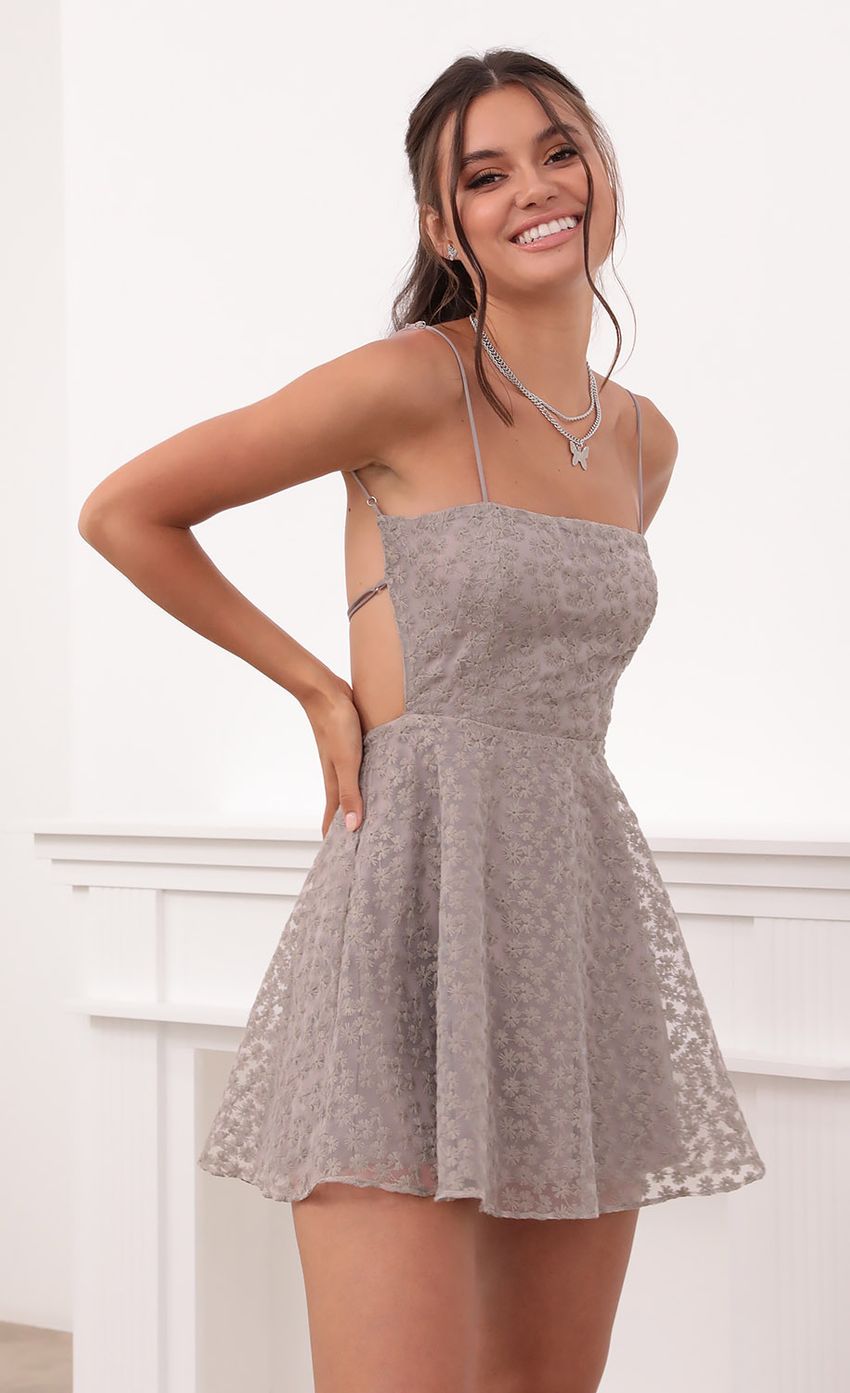Picture Alaia Floral A-Line Dress in Grey. Source: https://media.lucyinthesky.com/data/Jun21_2/850xAUTO/1V9A4525.JPG