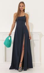 Picture Caitlin Satin Slit Maxi Dress in Blue. Source: https://media.lucyinthesky.com/data/Jun22_1/150xAUTO/1V9A5051.JPG