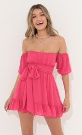 Picture thumb Roxana Chiffon Off The Shoulder Dress in Pink. Source: https://media.lucyinthesky.com/data/Jun22_1/170xAUTO/1V9A2990.JPG